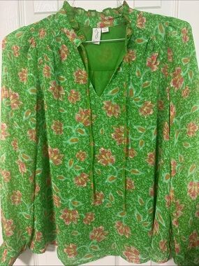 Joie Green Floral V-Neck Ruffle Blouse